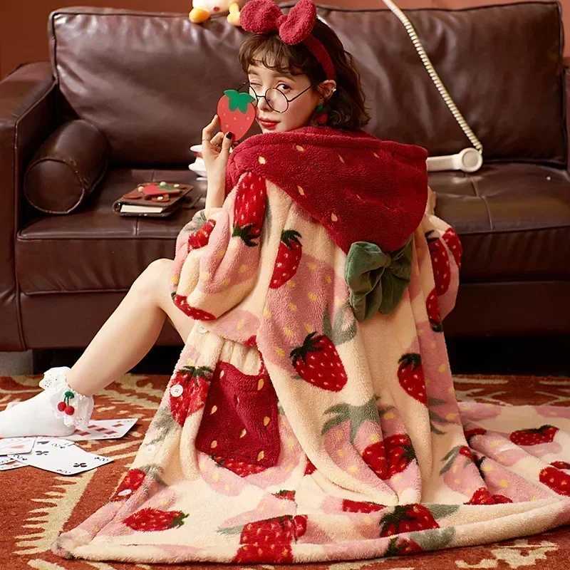 Sleep Lounge Women's 2024 Winter Pajamas For Women Cartoon Hooded Long Robe Strawberry Jacket Cute Home Wear Sleepwear Kawaii Flannel Warm Bath