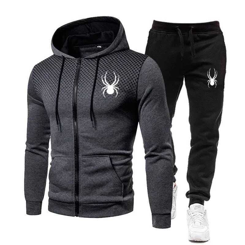 2025 Spring Winter spider print zipper long-sleeved hoodie + stretch waist pants two-piece men's sports jogging fitness suit T260924