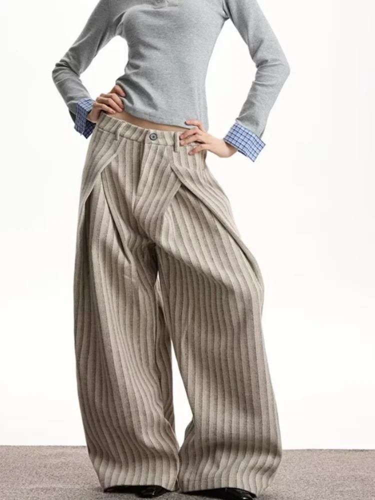 Trend Y2K Style Baggy Striped Pleated Womens Casual Jeans Pants For Woman Clothing Wide Leg Harajuku Cotton Long Trousers 260921