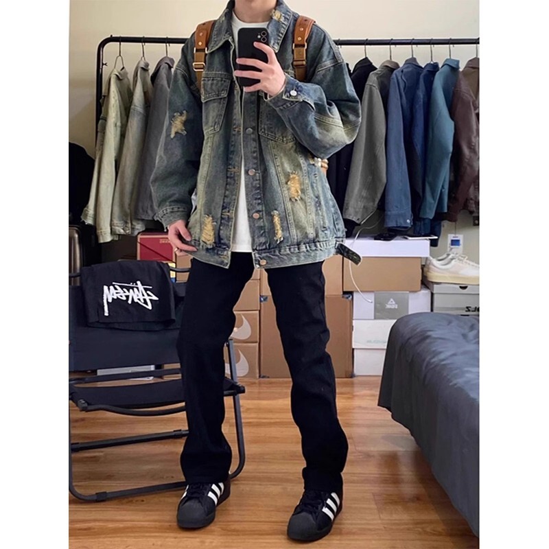 Blue ripped denim jacket for men, spring/summer style, American high street, cool stylish, washed and distressed, with a high-end workwear vibe