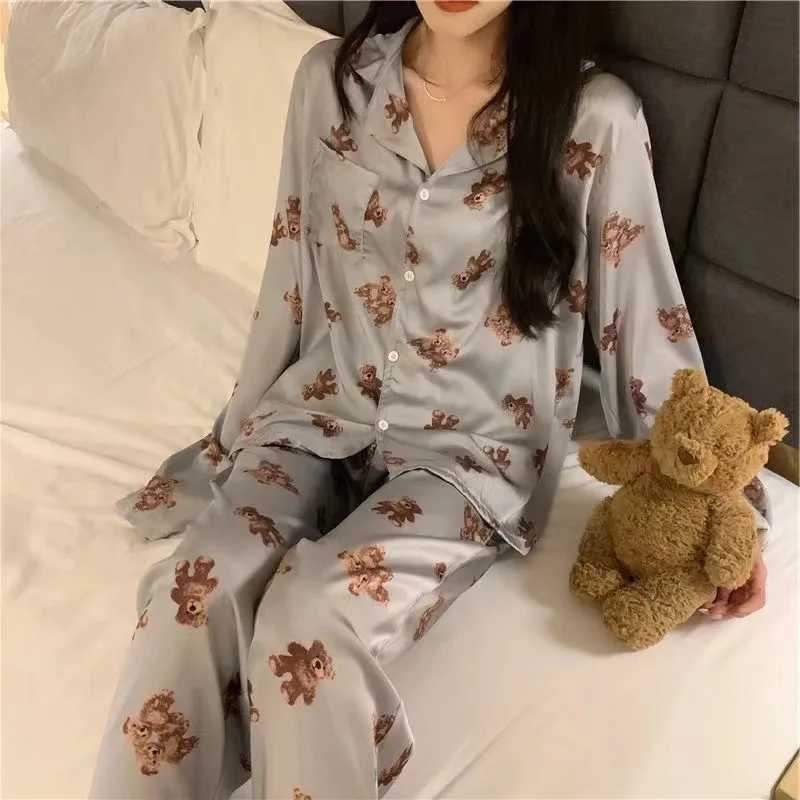 Women's Sleep Lounge 2PCS/Set women's homewear long-sleeved cartoon grizzly bear fall and winter pajamas cardigan student homewear pajamas
