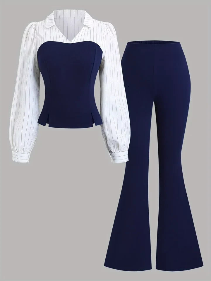 Plus Size Chiffon Top and Striped Flared Pants TwoPiece Set for Girls Casual Fashionable Spring Autumn Wear 260923