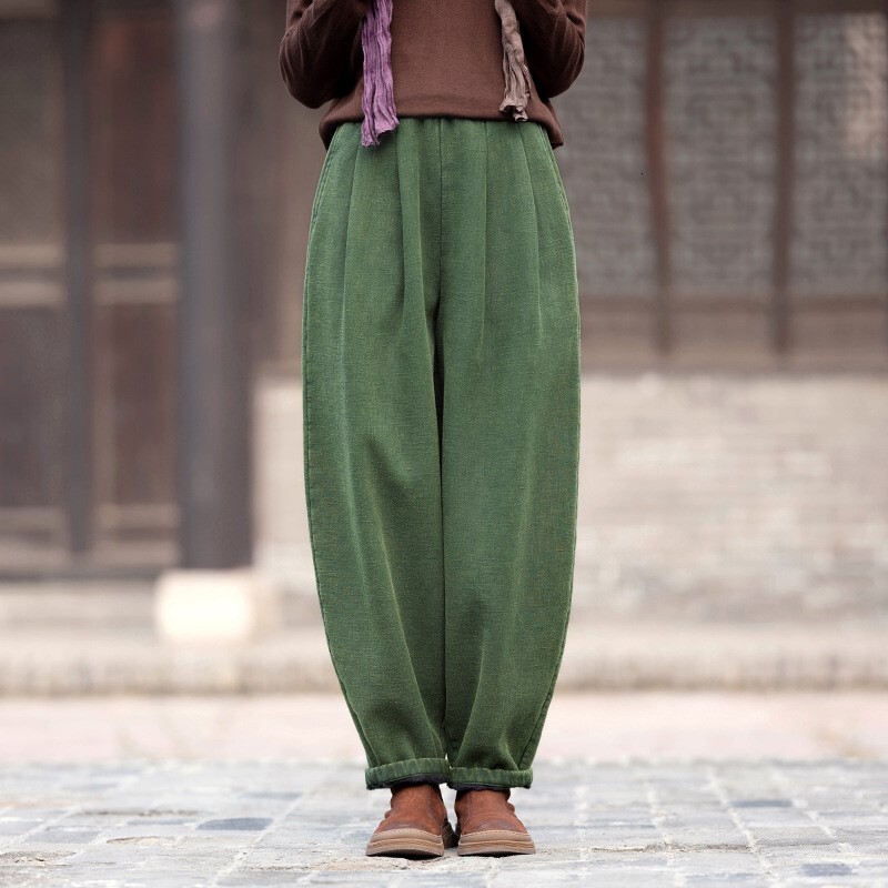 Johnature Vintage Warm Bloomers Solid Color Linen Winter Elastic Waist Trouser 2025 New Plus Fleece Women Long Pants