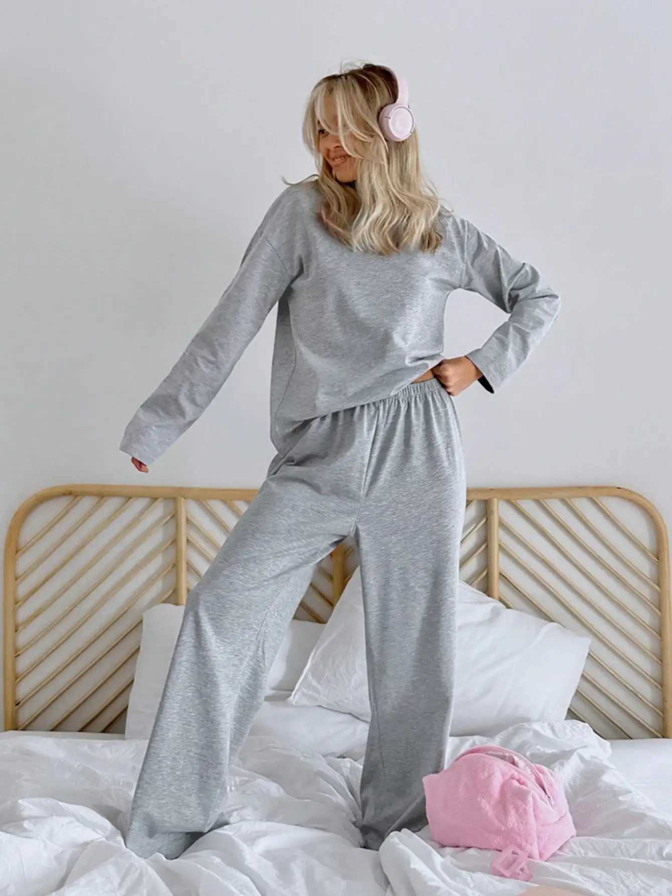 Women's Sleep Lounge 2-Piece Women's Simple Solid Color Loose Casual Long-Sleeved Long Pants Set Comfortable and Soft Homewear Set for Spr