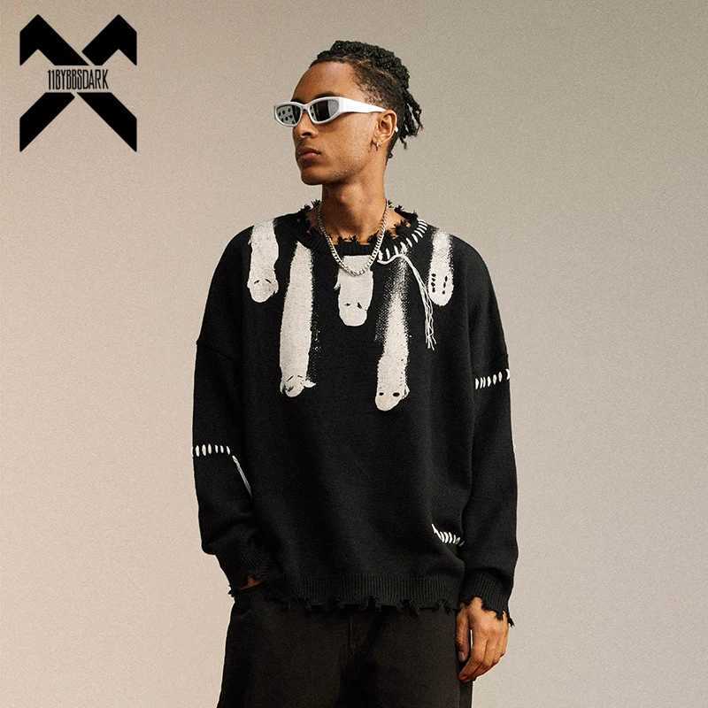 Sweaters Tassel Men's Design Print Sweater 2023 Spring Loose Knitted Pullovers Hip Hop Streetwear Harajuku Jumper Sweaters Knitwear C260923