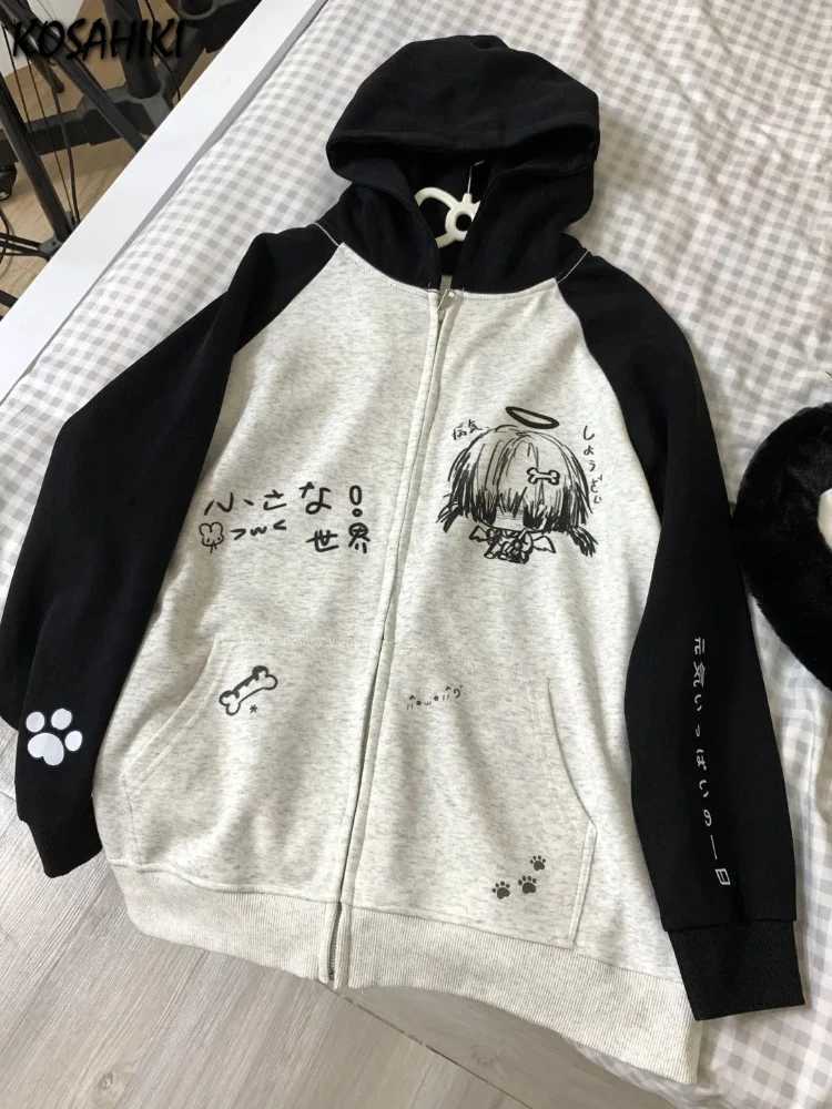 Japanese Contrast Color Hooded Tops Women Y2k Aesthetic Cartoon Print Grunge Hoodie Casual Zip Up Sweatshirt Harajuku Streetwear T260923
