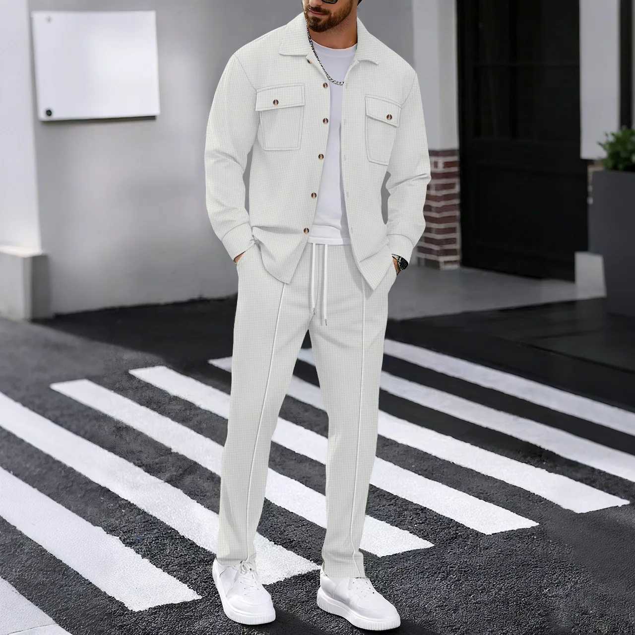 2025 Men's Autumn Casual Street Sport Two-Piece Fashion Solid Color Double-Pocket Collar Buttoned Long-Sleeved Shirt + Pants Set T260924