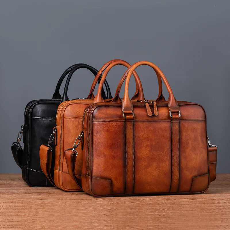 Briefcases Double Zipper Genuine Leather Men Handbag Large Capacity Briefcase Men Laptop Bag Handmade Men Bag Tote Shoulder Crossbody Bag H260923