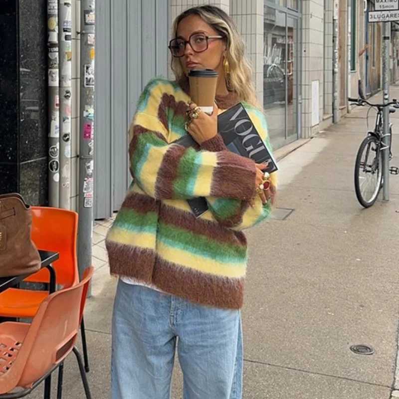 Women's Sweaters Fashionable Colorful Striped Sweater Casual Chic 2025 Autumn Winter Outfit Loose Round Neck Warm Knit Sweaters Maillard Style