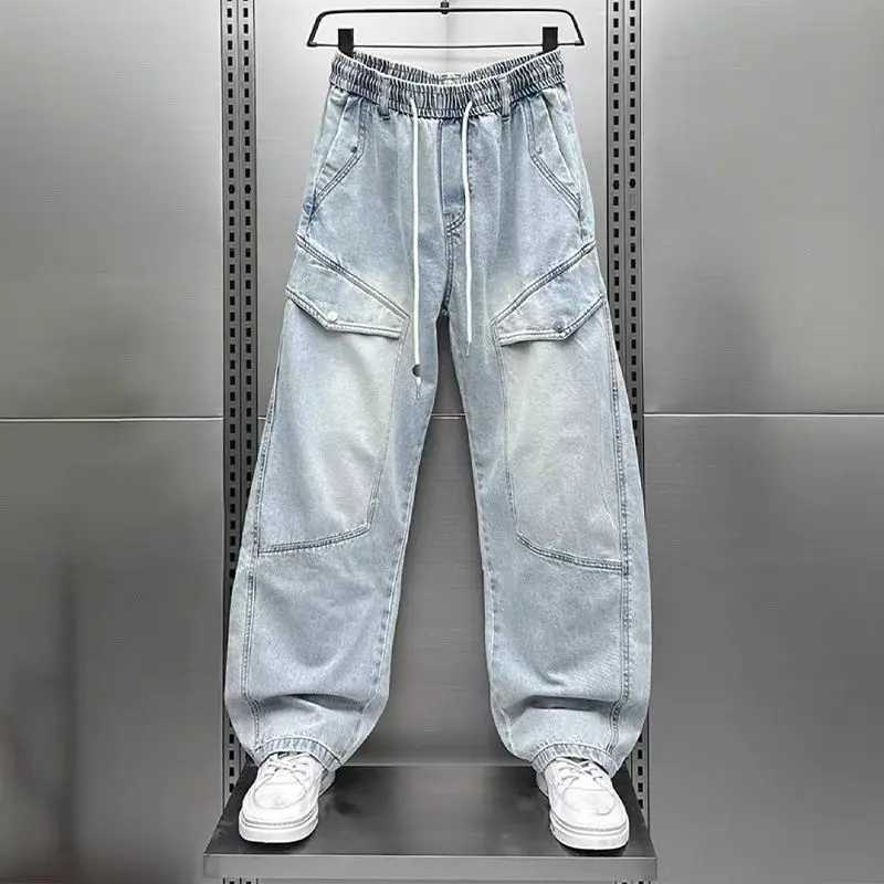 2026 Pantalones Cargo Harem azules para hombre, pantalones casuales de estilo coreano, pantalón largo de pierna recta, pantalones vaqueros de estilo