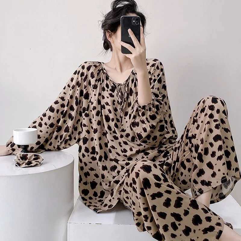 Women's Sleep Lounge Popular Pajama Women's Cartoon Panda Leopard Print Imitation Cotton Spring and Autumn Style New Plus Size Home Suit S
