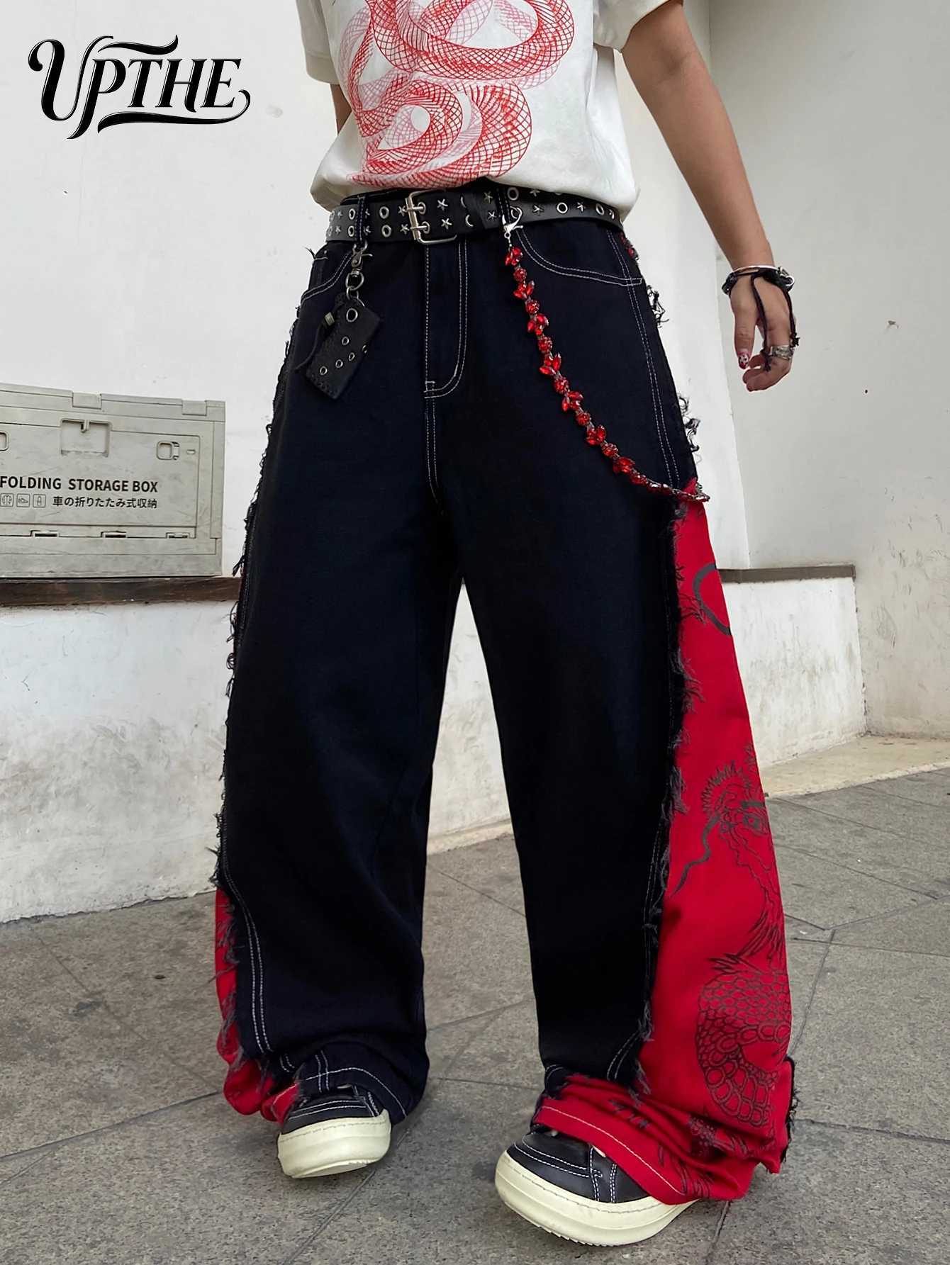 Men's Y2K Baggy Wide Leg Jeans Dragon Print Patchwork Raw Edge Denim Pants Hip Hop Streetwear Loose Fit Casual Jeans for Men S260924UKC2