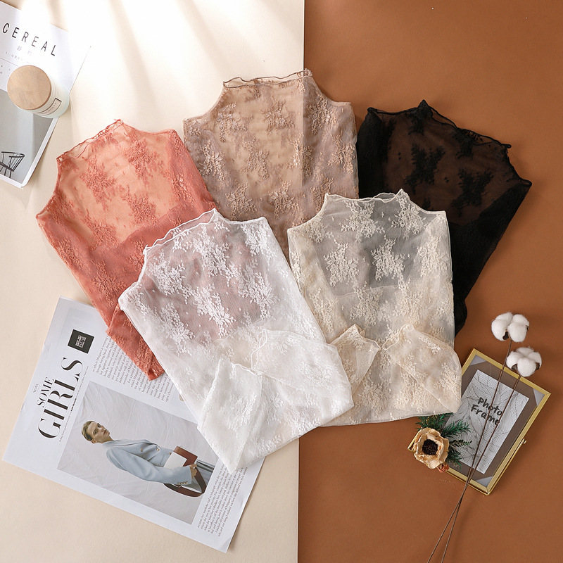 Sexy Thin T-shirts Summer Lady O-Neck Long Sleeve Lace Patchwork Transparent Bottoming Shirt Tops QMDZ-WS-03