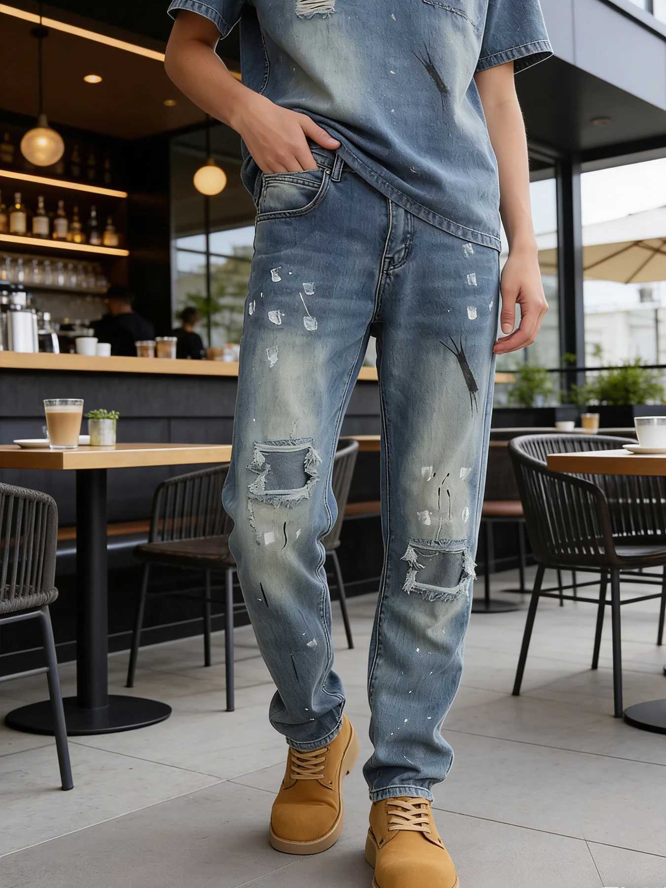 Vintage distressed splatter ink jeans for men with patch and ripped design straight-leg fit high street trendy brand long pant S260924WM6E