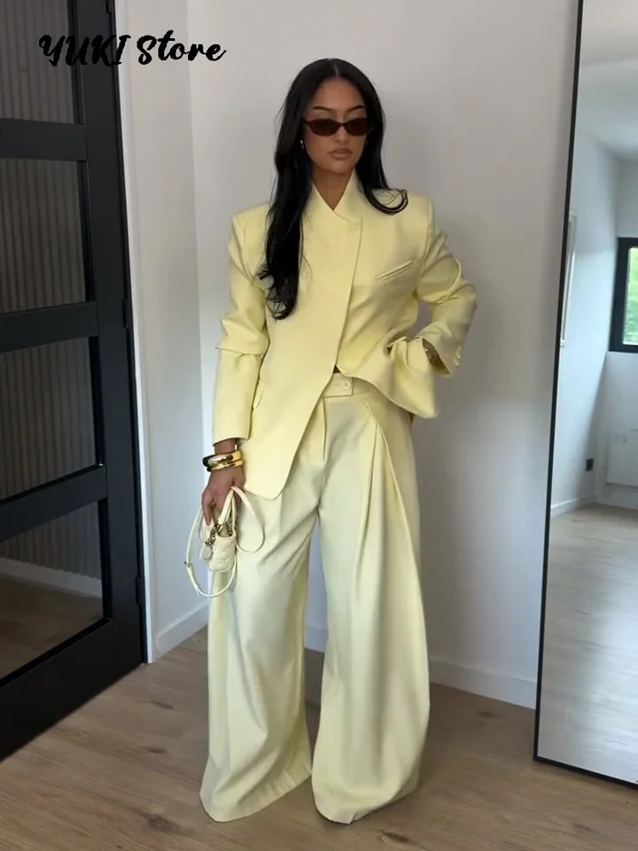 Chic Solid Stand Neck Blazer Jacket Pant Set Women Full Sleeve Shoulder Pads Coat Wide Leg Pants 2026 Autumn Commute Outfit 260922