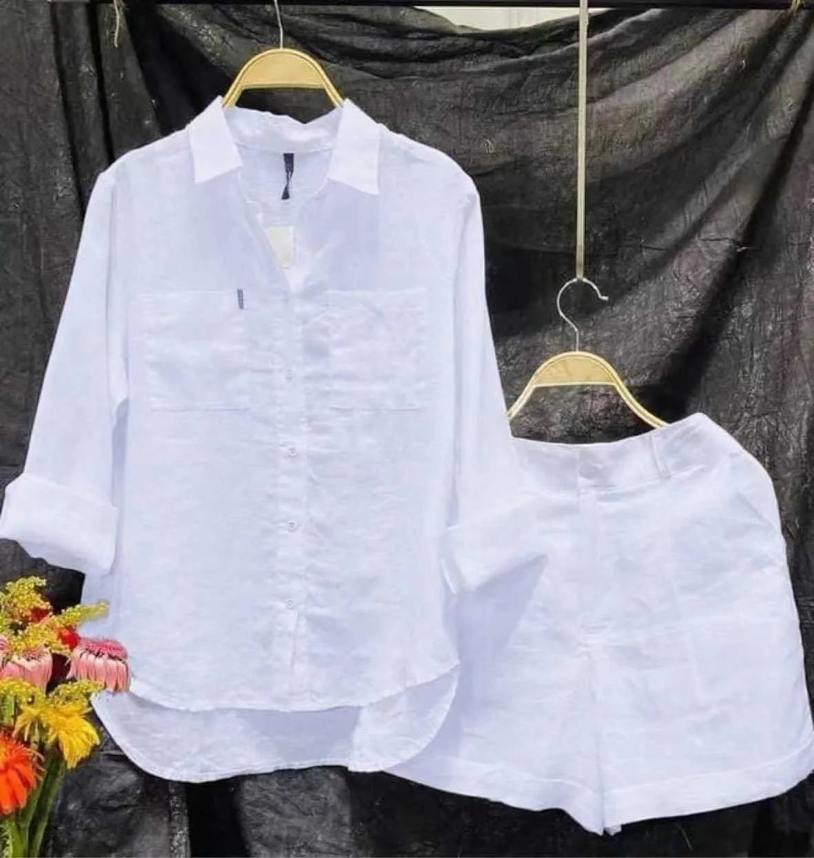 Summer Linen Casual Home 2 Piece Set For Women tracksuit Fashion White Long Sleeve Shirt And Shorts 2- Pcs Set Women 260923