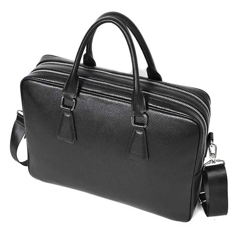 Briefcases Double Zipper Briefcase Men Bag Genuine Leather Shoulder Bag 14 inch Laptop Bags Large Capacity Handbag Business Men's Briefcase H26