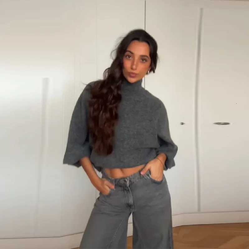 Women's Sweaters Autumn Winter Grey Knitted Pullover For Women High Neck Cape Sweater Long Sleeve Loose Shawl Knitted Top 2026 New Lady Outwear