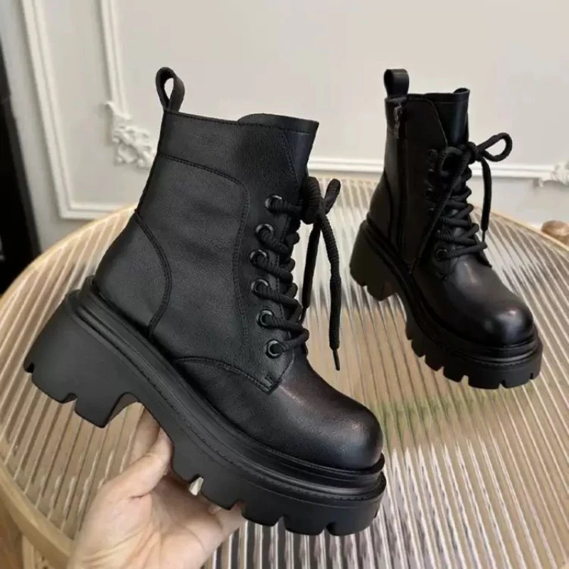 Women's Boots Platform High-heeled Fashion Side Zipper Short Boots British Style Round Toe PU Leather Rubber Outsole Women Shoes 260918