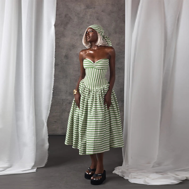 Fresh Vacation Dress Striped Vintage Strapless Slim Fit Dresses Women Beach Chic Female Stylish Elegant Summer Cute Outfit 260922