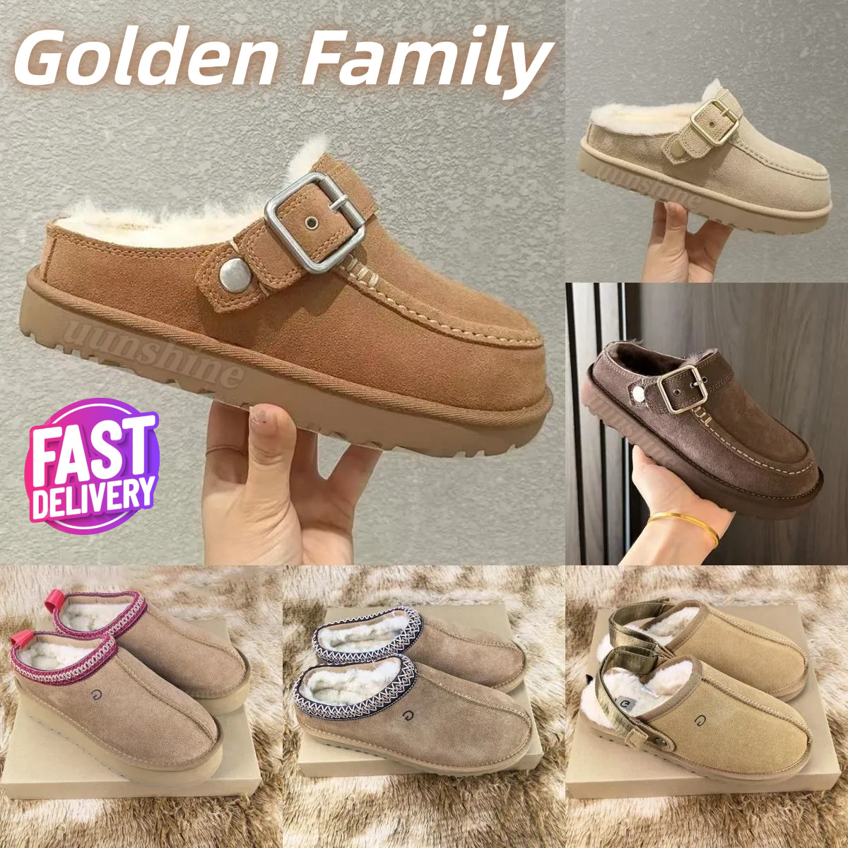 Designer Goldenstar Evelina Clog Tasman Slippers Tazz sandals Designer Womens Winter Classic Snow Boots australia Chestnut Sand Suede Wool Thick Sol