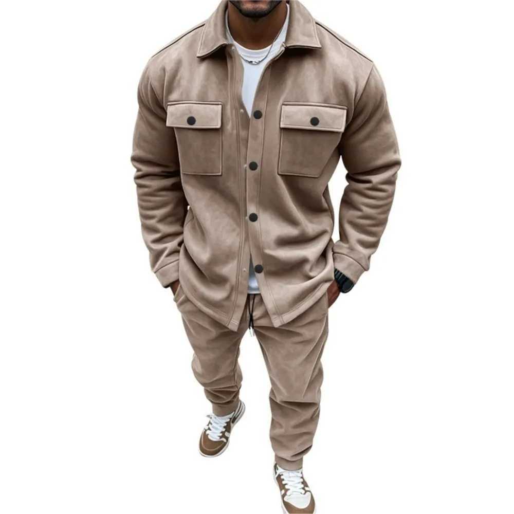 Autumn Winter Casual Suede Men's Pants Set Solid Color Long Sleeve Jacket Coat Trousers Two Piece Set Overalls Male Fashion Suit T260924