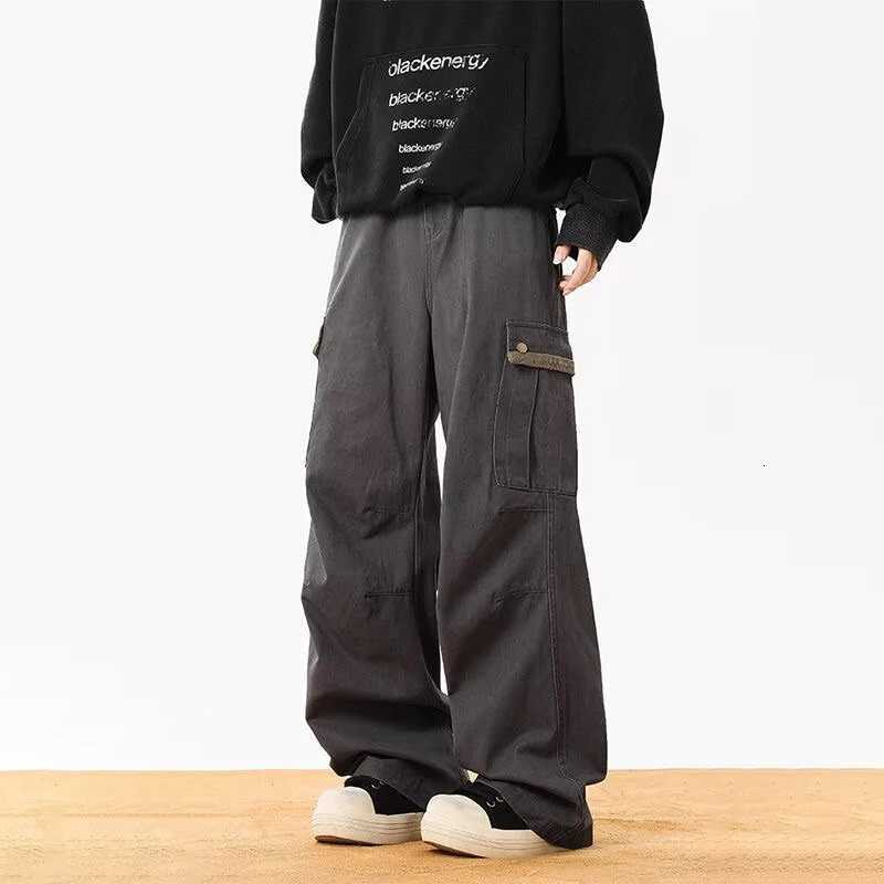 Jeans para hombres Otoño Moda para hombre Pantalones cargo de algodón retro Pantalones multibolsillos Patchwork Pantalones rectos de pierna ancha Hi