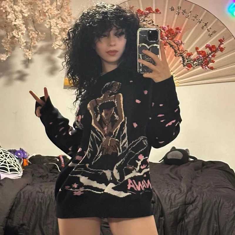 Sweaters Harajuku Men's Hip Hop Streetwear Sweater Vintage Japanese Style Anime Girl Knitted Long Sleeve Pullover Sweaters 2025 Female Clothes