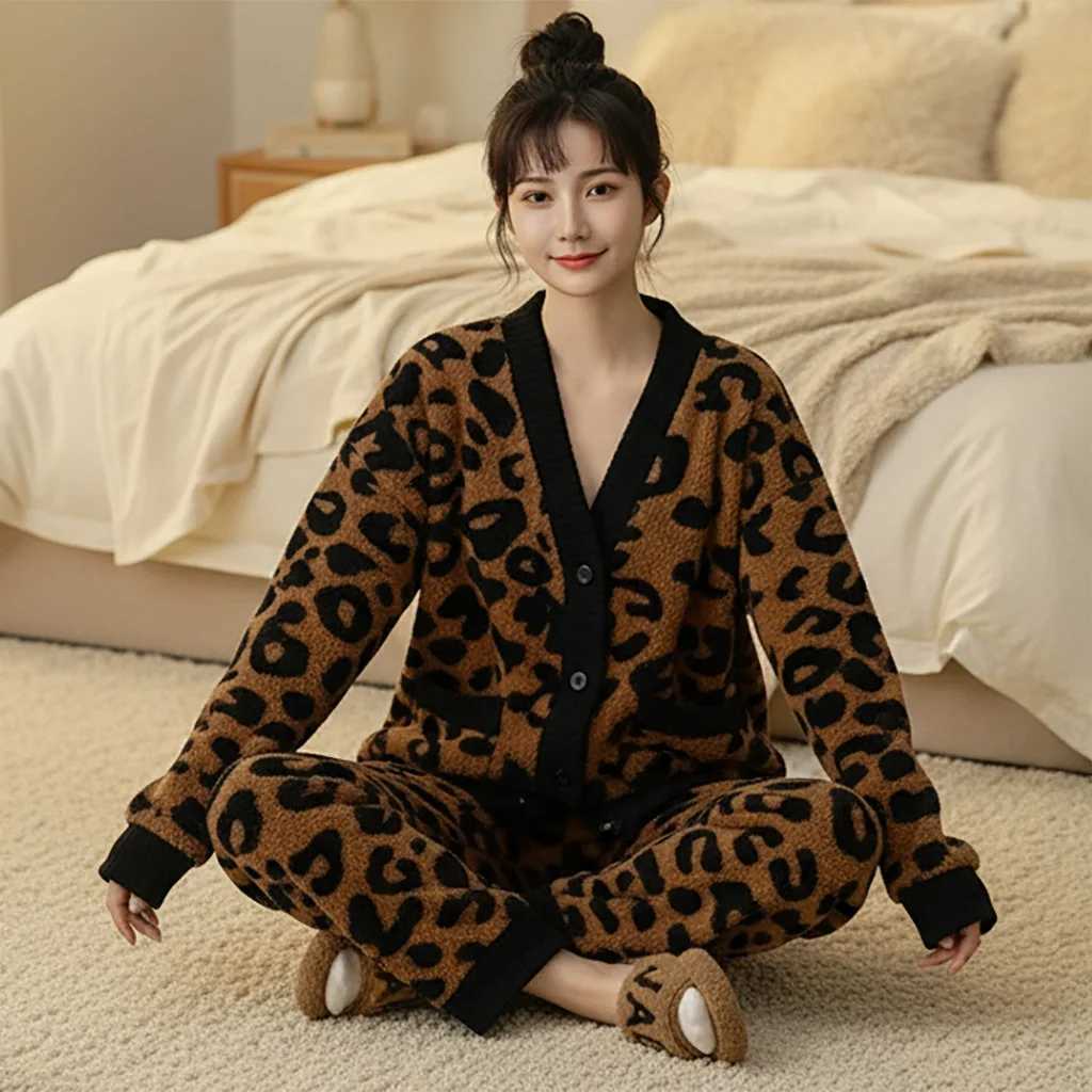 Women's Sleep Lounge 2025 New Autumn and Winter Women's V-Neck Leopard Print and Plush Thick Warm Home Clothes Pajamas Set Ladies Sleepwea