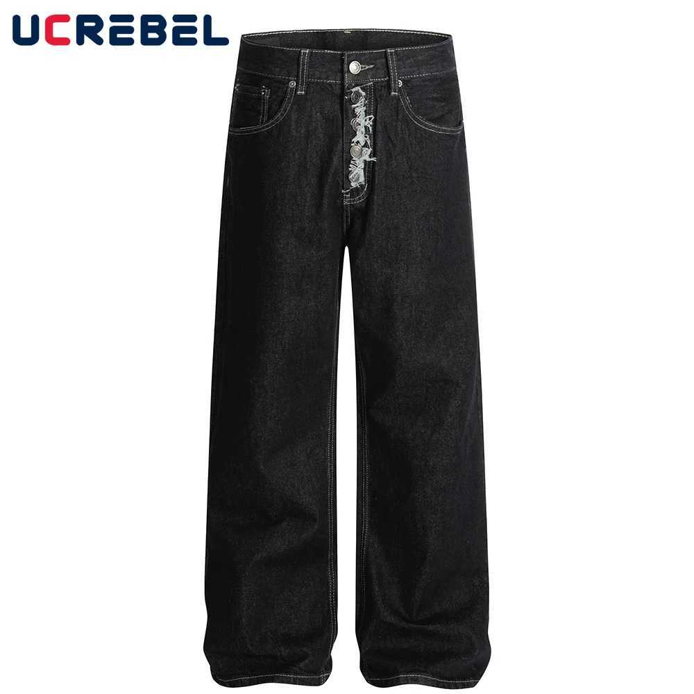 Single Breasted Dark Jeans Mens SolidColor High Street Loose Straight-leg Wide Leg Denim Pants Men S260924DCJS