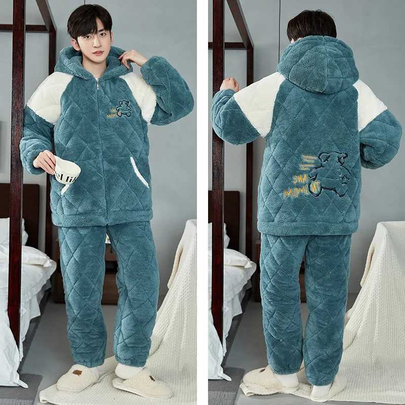 Sleep Lounge Women's 2 Pieces Set Flannel Homewear with Hood For Men 2024 New Zipper Home Clothes Plus Size L-3XL Thicken Nightwear Young Boy W