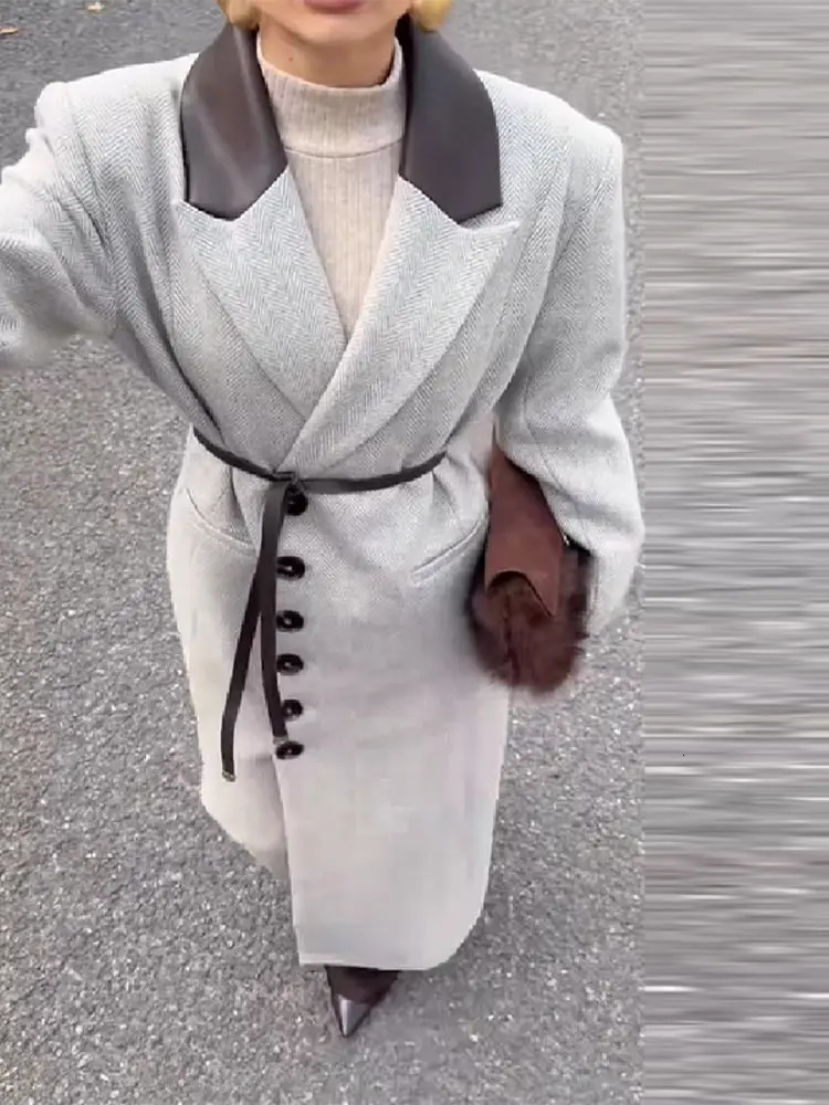Fashion Waist Cinching Woolen Long Coat For Women Lapel Long Sleeve Single-breasted Coat With Belt Lady Commuter Outwears 260922