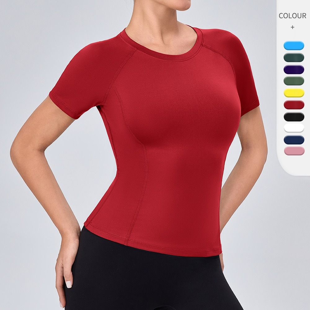 Camicia a compressione a maniche corte da donna Girocollo T-shirt da allenamento per corsa ad asciugatura rapida Palestra Sport Colori ricchi Yoga T