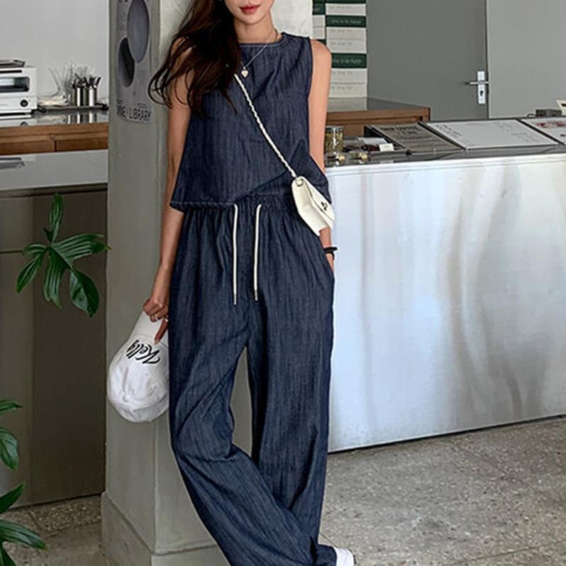 Summer Elegant Backless Split Tank Top Loose Women's Wide Leg Pants Set Two Pieces Commute Style round Neck Short Sleeve