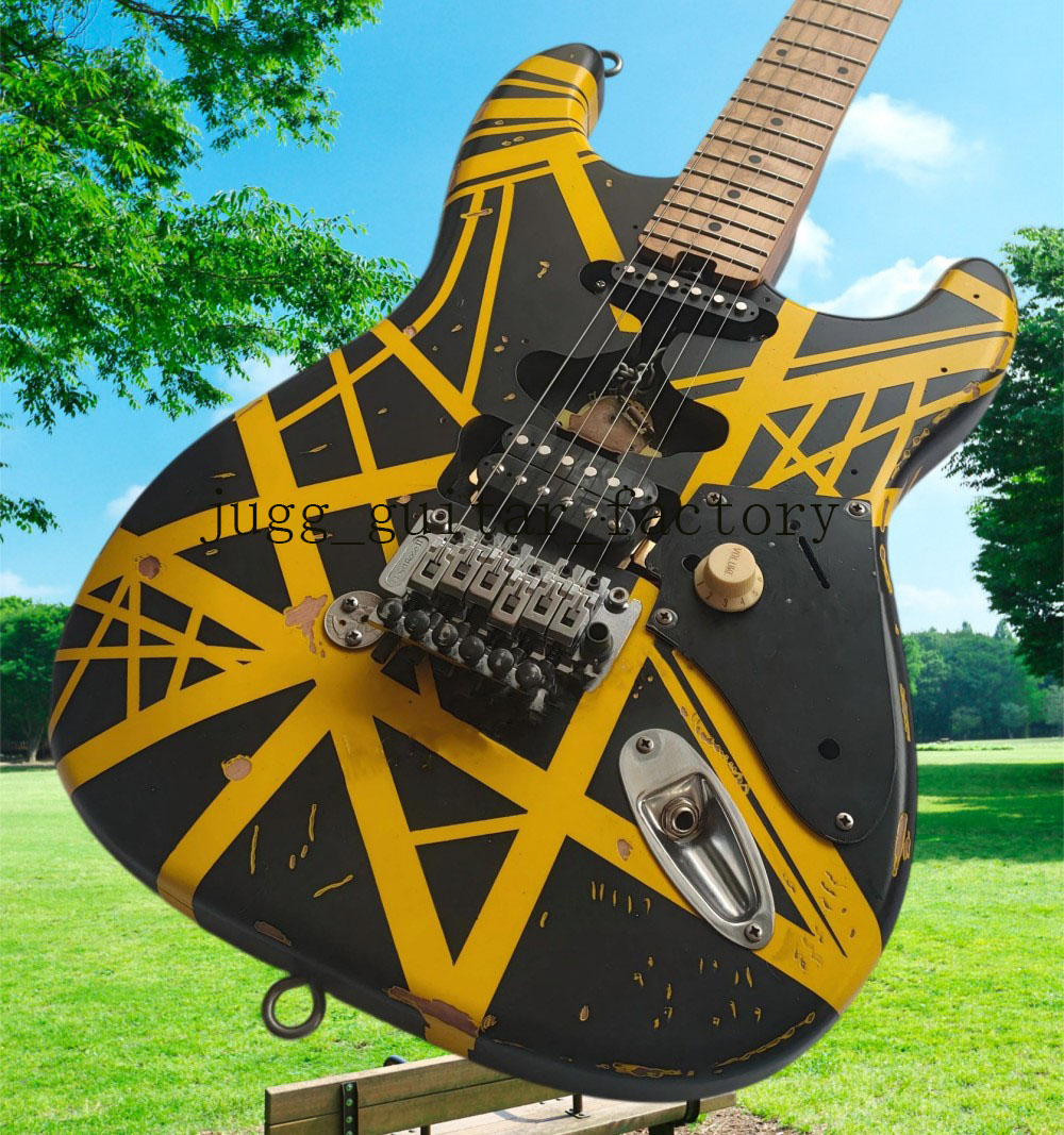 hot Fran-k electric guitar, black body, yellow stripe trim, car reflectors, in stock, free shipping
