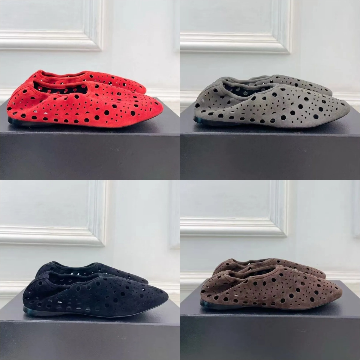 Women Summer Flats Shoes Luxury Designer Leather Hollow Round Toe Slip On Casual Fashion Walking Outdoor Red Beige Black Brown Gray