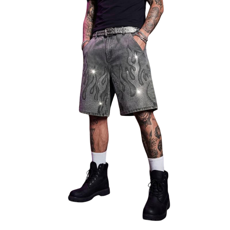 Short en Denim délavé gris pour hommes, taille moyenne, flamme strass, décor de perceuse chaude, longueur aux genoux, bouton volant, short en Jea