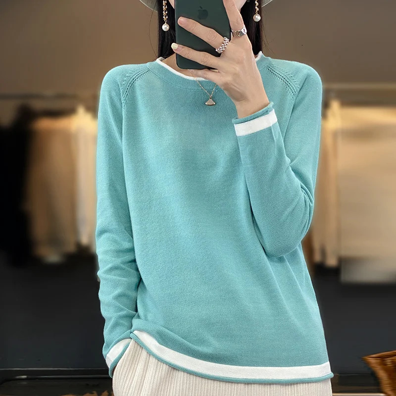 100% Cotton Knitwear Womens Round Neck Sweater Spring And Summer Loose Color Matching Cotton And Linen Bottoming Shirt 260924