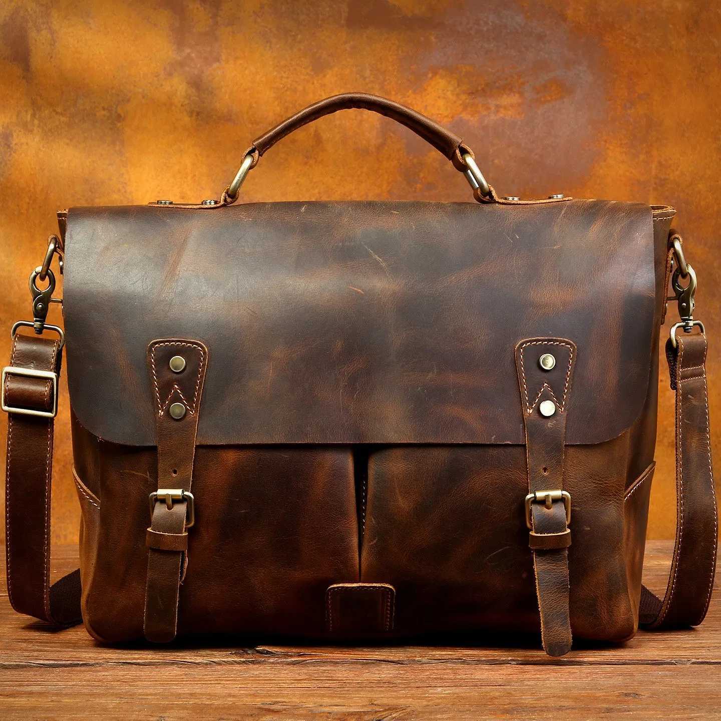 Briefcases Vintage Crazy Horse Leather Men's Briefcase Genuine Leather Cambridge Bag Cowhide Shoulder Laptop Bag for Business H260923