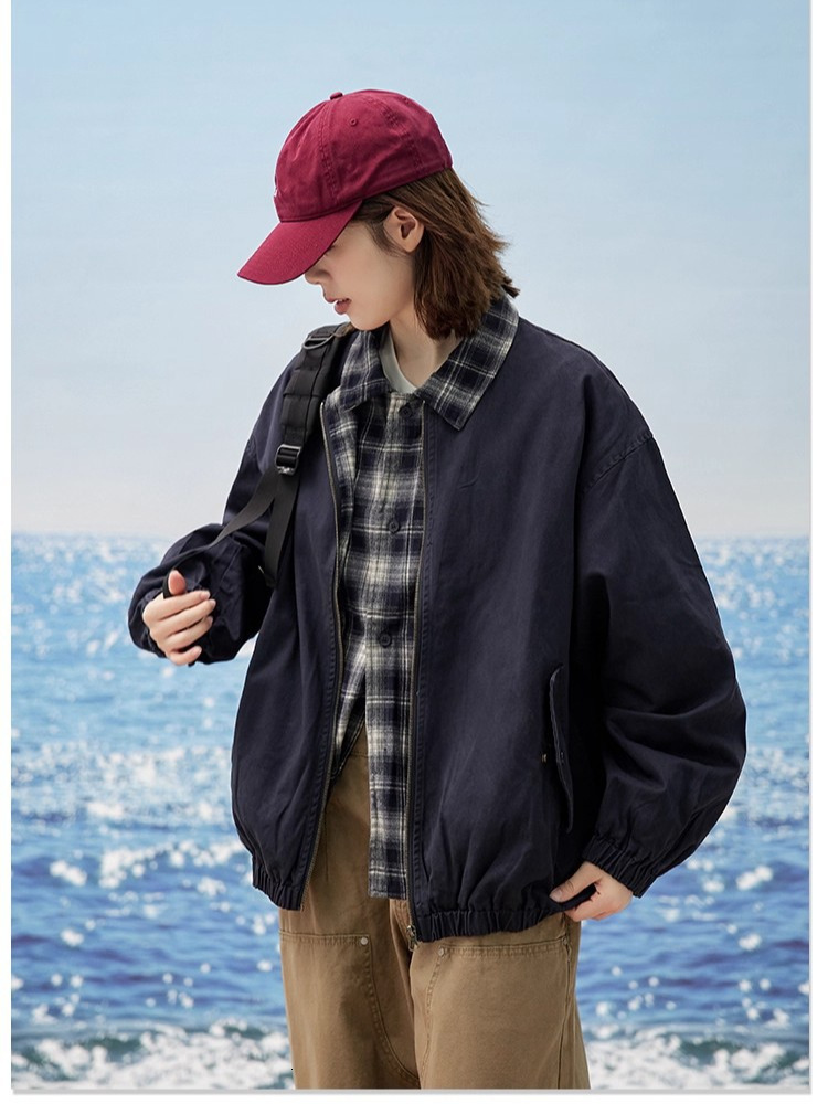 new autumn and winter collection colorblocked plaid collared washed cotton short widefit flight jacket casual mens style