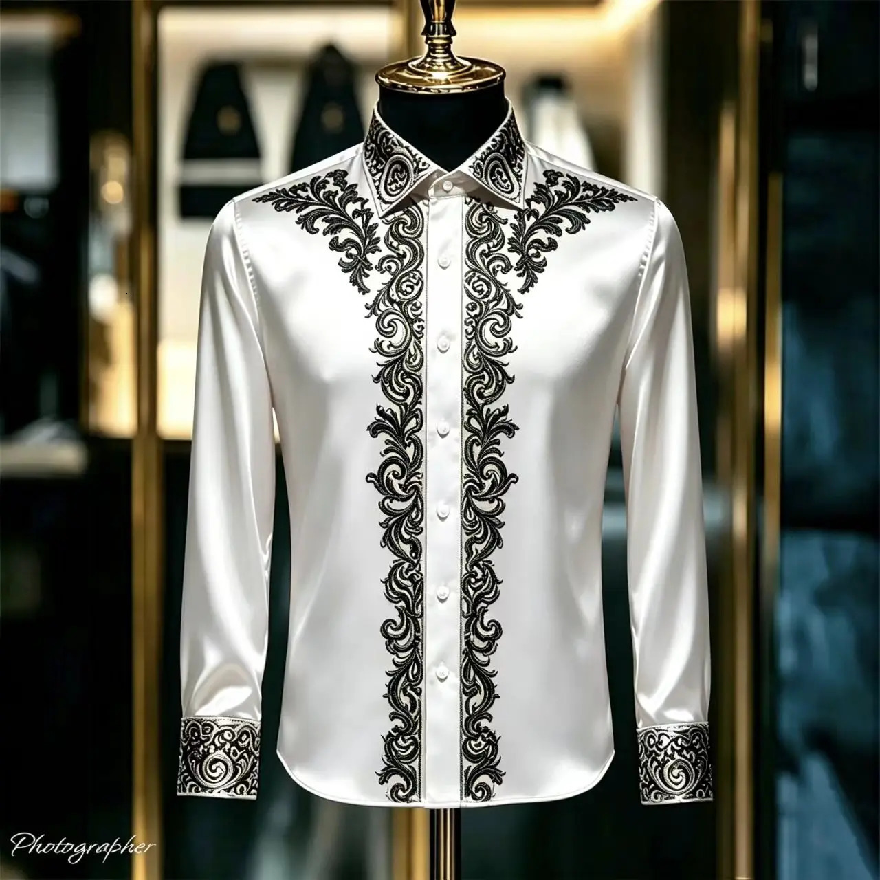 Men's y Satin Shirt Black 3D Printed Collar Slim Fit Long Sleeved Formal Wedding Party Silk Shirt Plus Size 2026 Mode 260922