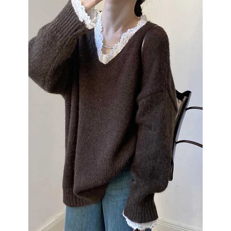Women's Sweaters Aesthetic V-Neck Long Pullover Sweater Women Harajuku Lace Patchwork Loose Knitted Sweater Autumn New Soft Warm Jumpers Tops H