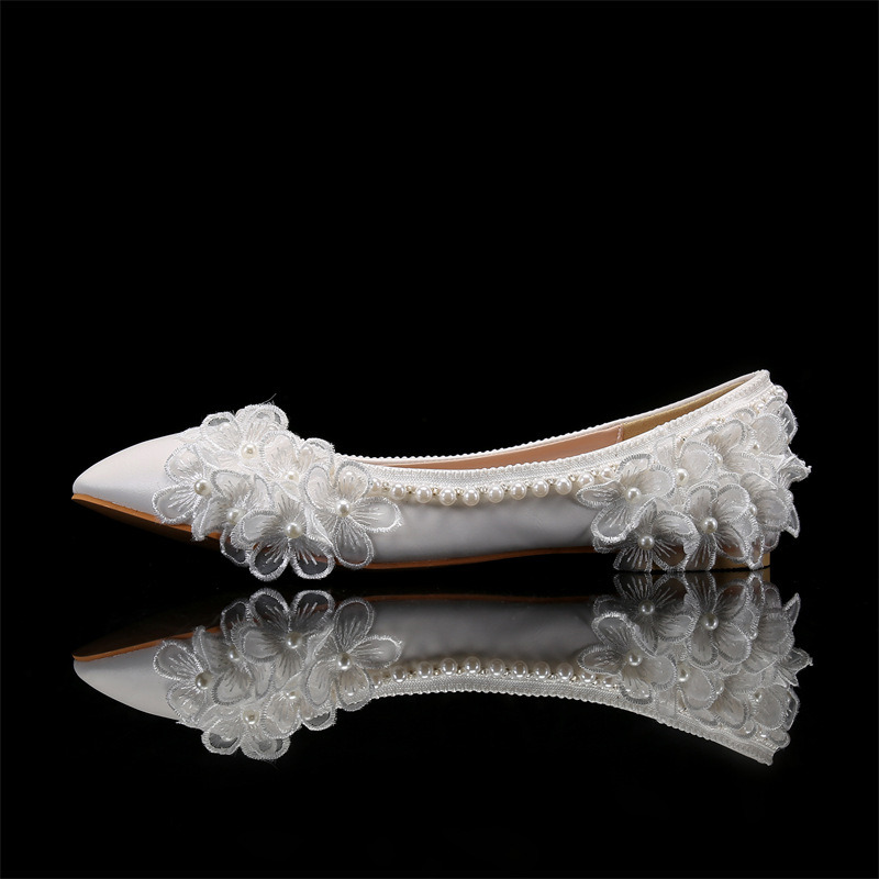Women White Ballerina Flats Pointed Toe Pearls Trim 3D Floral Lace Satin Finish Slip On Wedding Bridesmaid Evening Party Shoes Plus Size