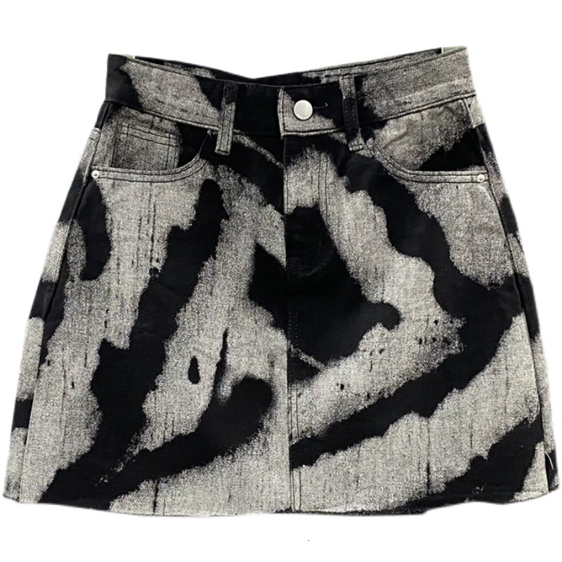 Korean Women's Skirts 2026 New High Waist Slim Personalized Pattern Denim with Raw Edges A-line Half Skirt