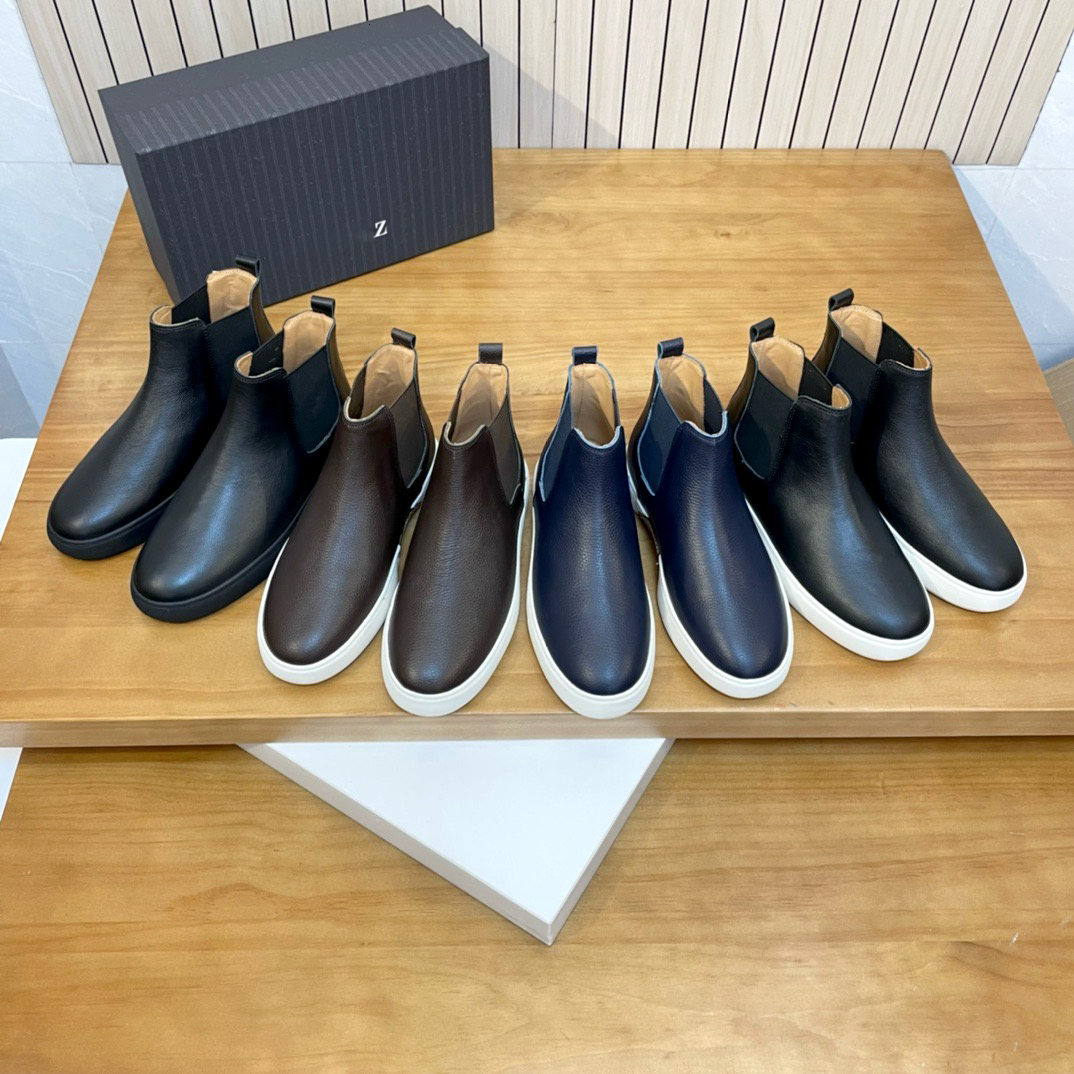 Mens Autumn Winter Short Boots Fashion Genuine Leather Chelsea Ankle Boots Elastic Side loafer Slip On Suede Flat Casual Shoe Luxury Designer Dress