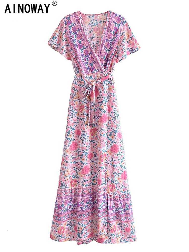 Sleep Lounge Women's Boho Summer Vintage Pink Floral Print Wrap Long Dress Women Fashion V Neck Bow Tie Sashes Maxi Beach DressesC260924
