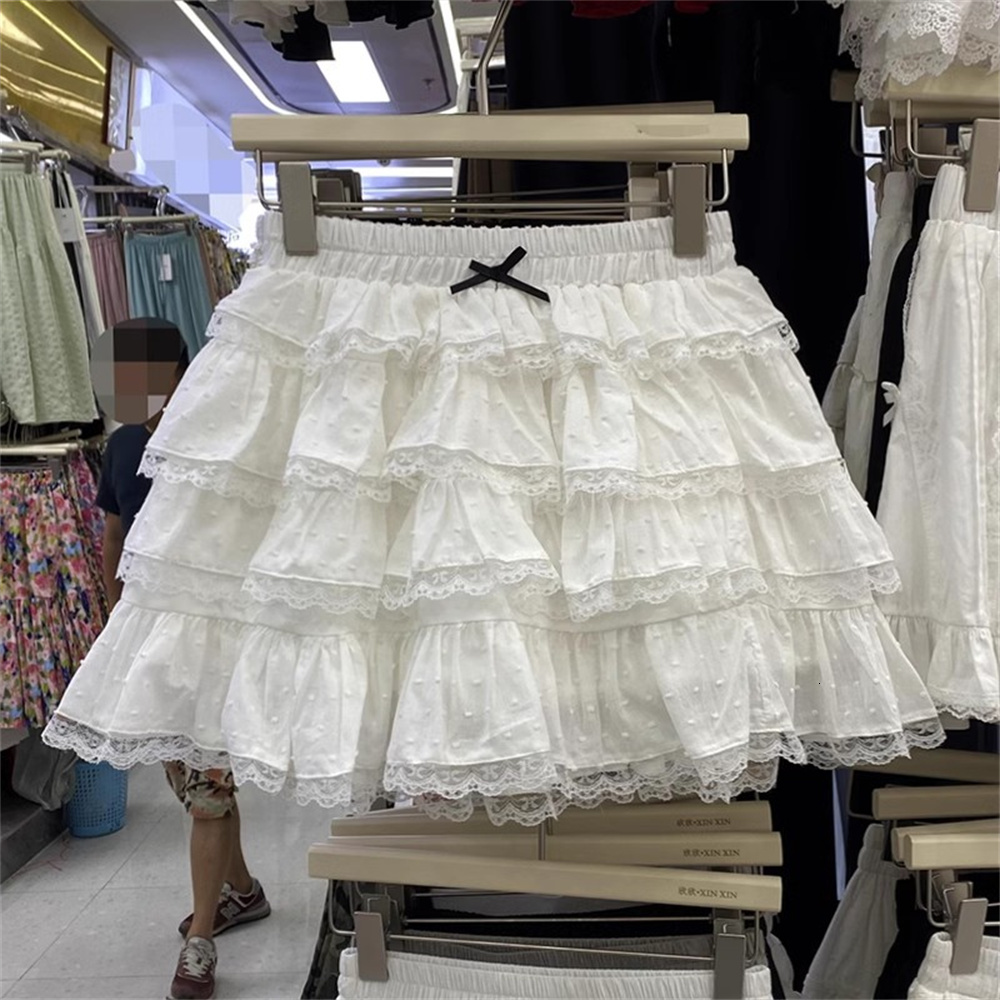 Korean Fashion Clothing Sweet White French Lace Bow Cake Women Summer New Retro Casual Loose High Waist Slim Short Skirt