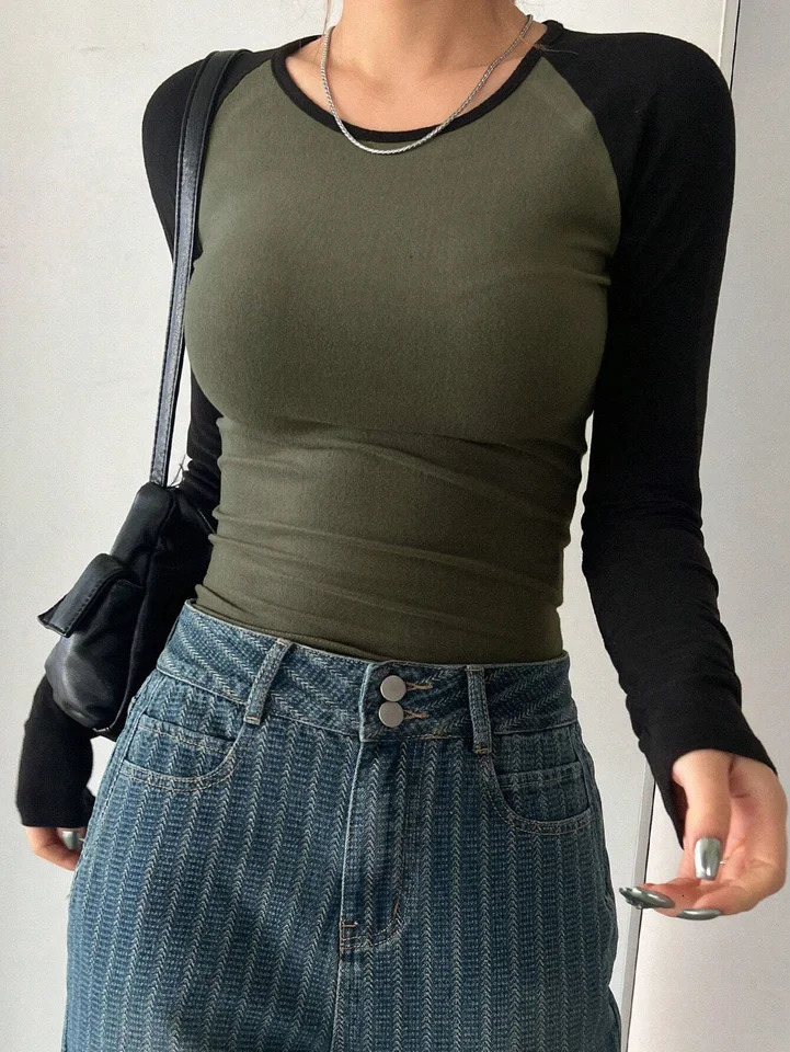 Slim Color Block TShirt Casual Crew Neck Long Sleeve For Spring Summer Womens Clothing 260928