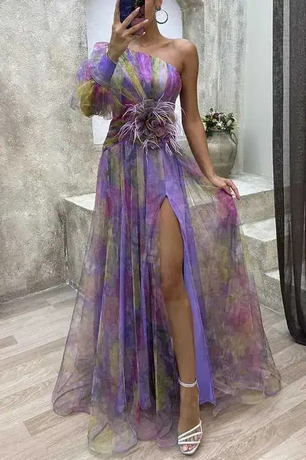Women Casual Dress Summer Mesh Evening Single Shoulder Split Elegant Long everyday Dress Womens Fashion Party Club Ms Vestodos Ladies Basic 518 5a1