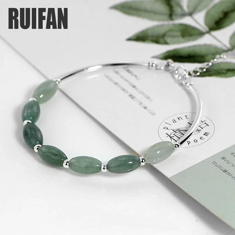 Ruifan Oval Natural Stone Green Jade Pure 925 Sterling Silver Bangle Bracelets for Women S925 Fine Jewelry Accessories YBR098 260921
